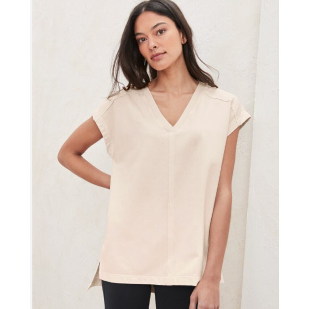 Garnet Hill French Terry Boxy Relaxed V-neck Tunic Beige Sweatshirt (size S)